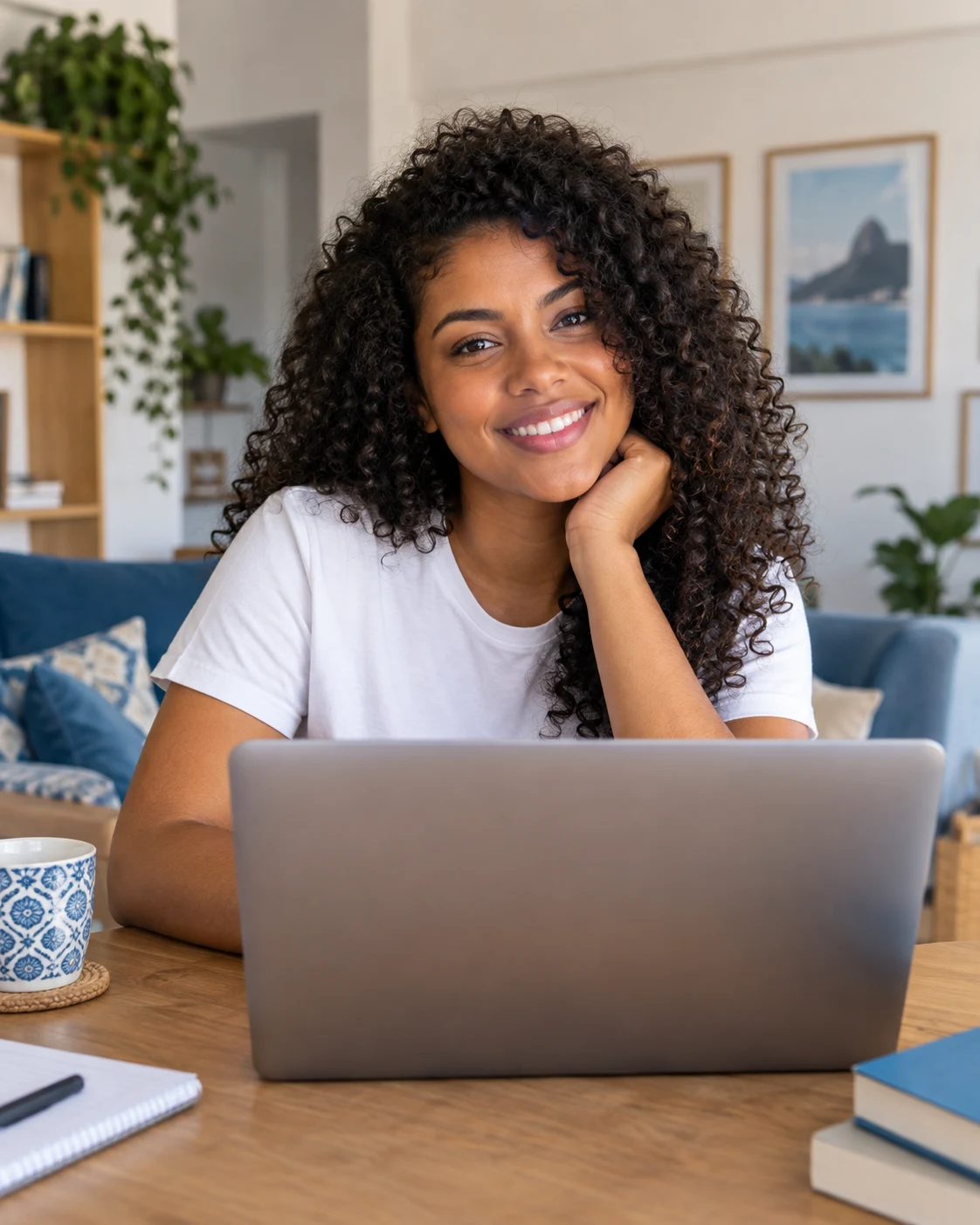 Jovem estudando com um notebook em casa